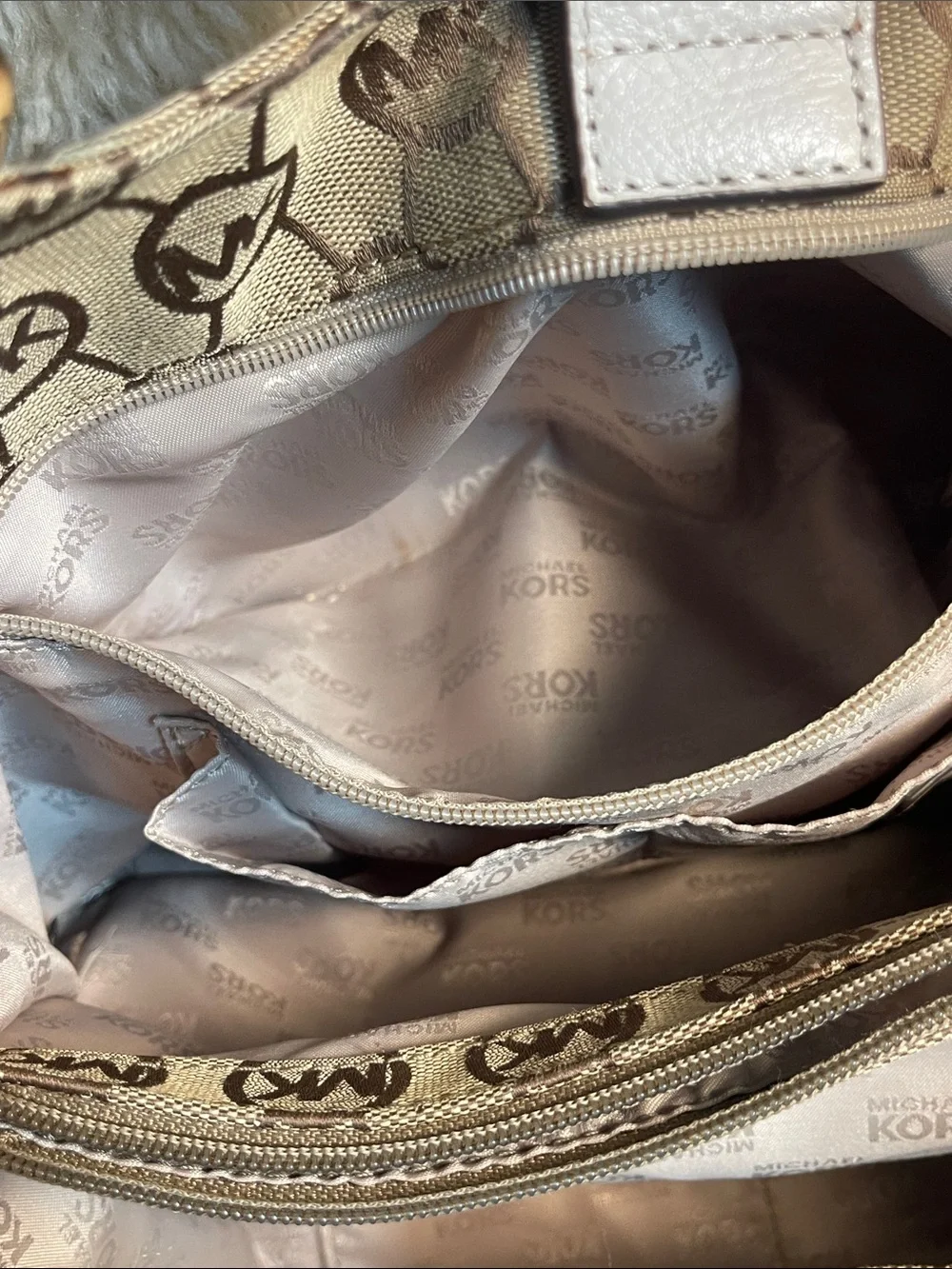 Michael Kors Beige Signature Drawstring Shoulder Bag with White Trim